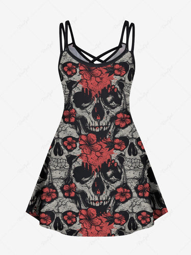 Gothic Plus Size Halloween Skulls Flowers Print Crisscross Cami Dress