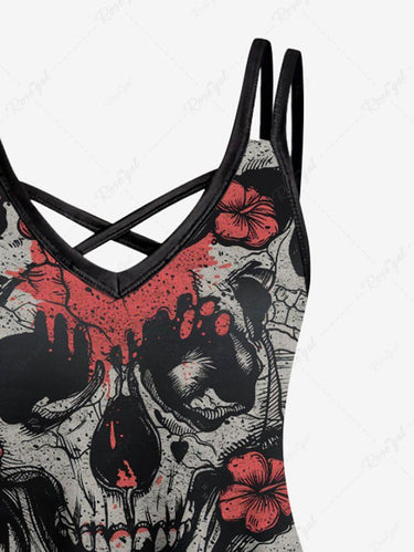 Gothic Plus Size Halloween Skulls Flowers Print Crisscross Cami Dress