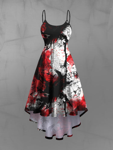 Gothic Plus Size Halloween Newspaper Clock Paint Splatter Print High Low Cami Dress