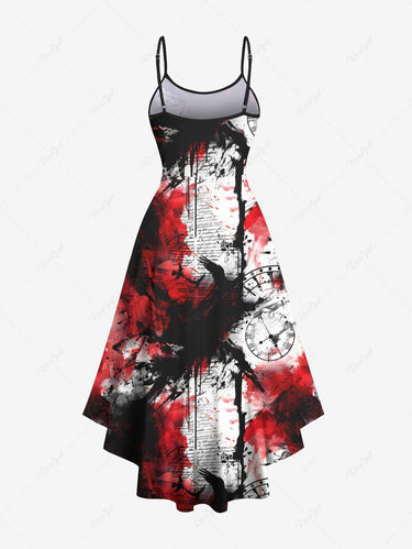 Gothic Plus Size Halloween Newspaper Clock Paint Splatter Print High Low Cami Dress
