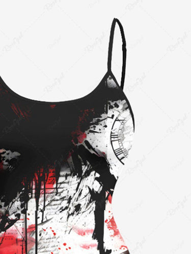 Gothic Plus Size Halloween Newspaper Clock Paint Splatter Print High Low Cami Dress