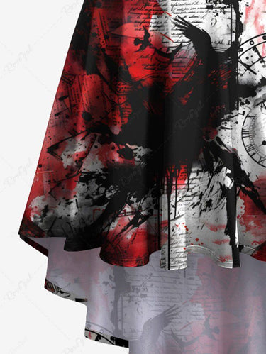 Gothic Plus Size Halloween Newspaper Clock Paint Splatter Print High Low Cami Dress