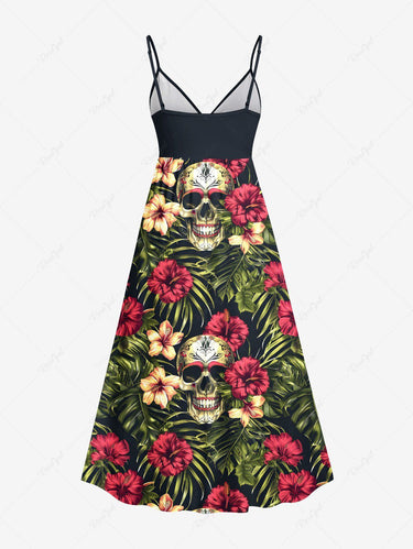 Gothic Plus Size Halloween Skulls Hibiscus Flowers Tropical Leaf Print Surplice Cami Dress