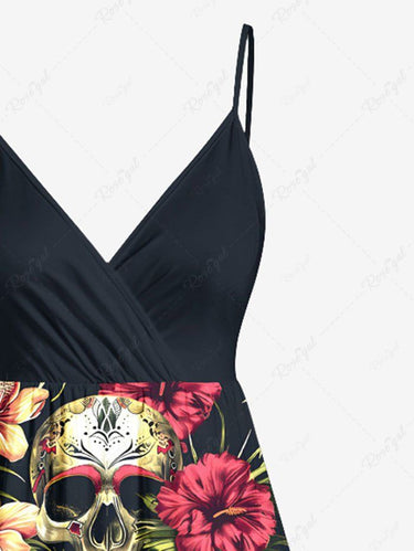 Gothic Plus Size Halloween Skulls Hibiscus Flowers Tropical Leaf Print Surplice Cami Dress
