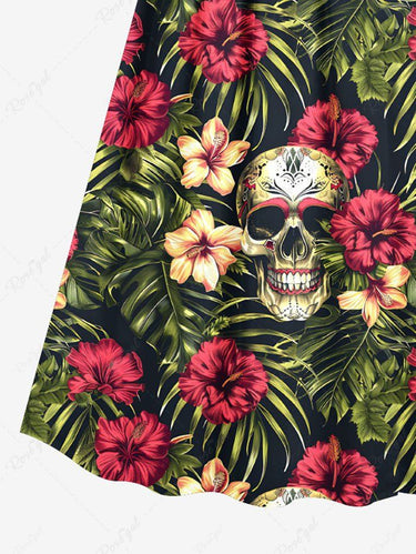 Gothic Plus Size Halloween Skulls Hibiscus Flowers Tropical Leaf Print Surplice Cami Dress