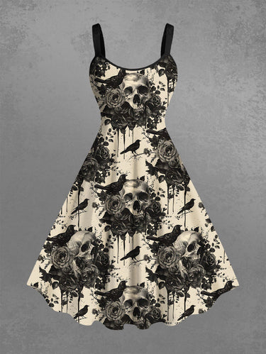 Gothic Plus Size Halloween Crow Skulls Rose Flowers Print Tank Dress