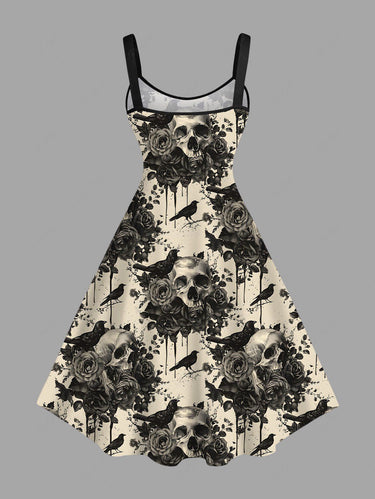 Gothic Plus Size Halloween Crow Skulls Rose Flowers Print Tank Dress