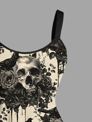 Gothic Plus Size Halloween Crow Skulls Rose Flowers Print Tank Dress