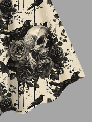 Gothic Plus Size Halloween Crow Skulls Rose Flowers Print Tank Dress