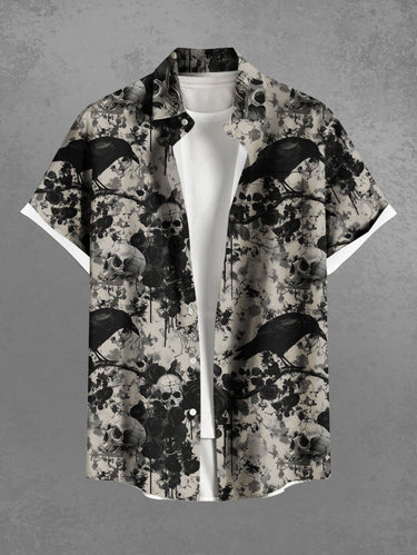 Gothic Plus Size Skull Crow Flower Branch Distressed Print Button Pocket Shirt For Men