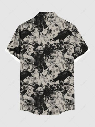Gothic Plus Size Skull Crow Flower Branch Distressed Print Button Pocket Shirt For Men