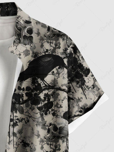 Gothic Plus Size Skull Crow Flower Branch Distressed Print Button Pocket Shirt For Men