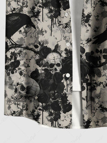 Gothic Plus Size Skull Crow Flower Branch Distressed Print Button Pocket Shirt For Men