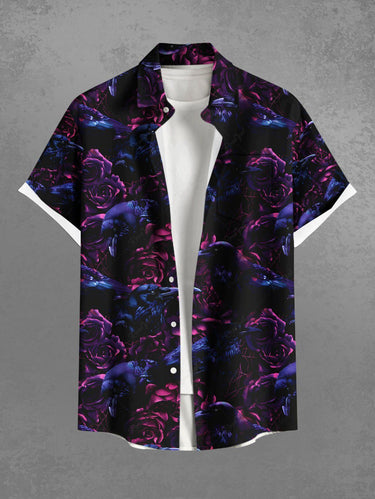 Gothic Plus Size Ombre Crow Flower Print Button Pocket Shirt For Men