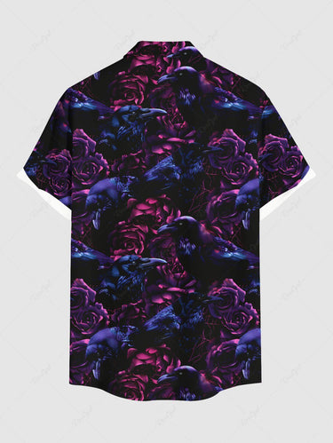 Gothic Plus Size Ombre Crow Flower Print Button Pocket Shirt For Men