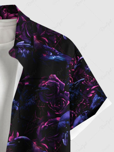 Gothic Plus Size Ombre Crow Flower Print Button Pocket Shirt For Men