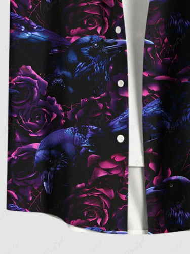 Gothic Plus Size Ombre Crow Flower Print Button Pocket Shirt For Men