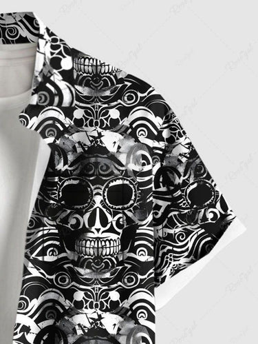 Gothic Plus Size Ethnic Skull Print Button Pocket Shirt For Men