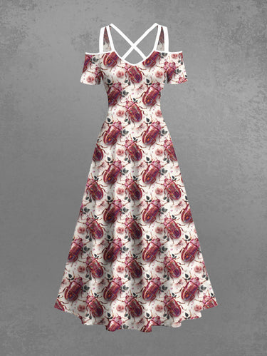 Gothic Plus Size Insect Print Cold Shoulder Crisscross A Line Maxi Dress