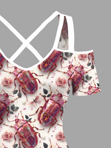 Gothic Plus Size Insect Print Cold Shoulder Crisscross A Line Maxi Dress