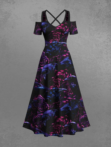 Gothic Plus Size Ombre Crow Flower Print Cold Shoulder Crisscross Strappy A Line Maxi Dress