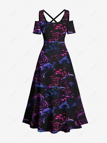 Gothic Plus Size Ombre Crow Flower Print Cold Shoulder Crisscross Strappy A Line Maxi Dress Black / S Gothic Plus Size Ombre Crow Flower Print Cold Shoulder Crisscross Strappy A Line Maxi Dress Black / S