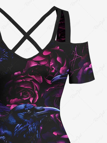 Gothic Plus Size Ombre Crow Flower Print Cold Shoulder Crisscross Strappy A Line Maxi Dress