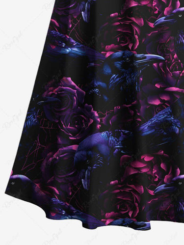 Gothic Plus Size Ombre Crow Flower Print Cold Shoulder Crisscross Strappy A Line Maxi Dress