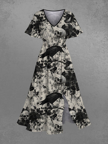 Gothic Plus Size Skull Crow Flower Branch Distressed Print Split Pocket A Line Midi Dress