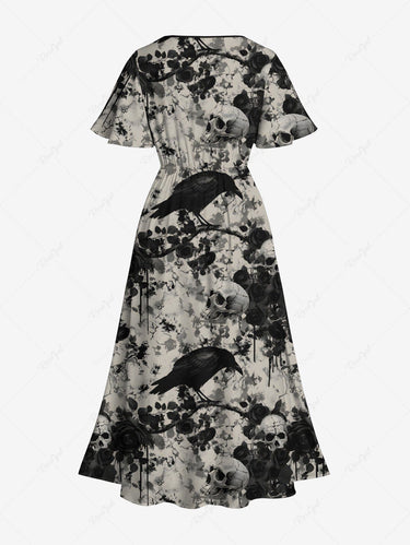 Gothic Plus Size Skull Crow Flower Branch Distressed Print Split Pocket A Line Midi Dress