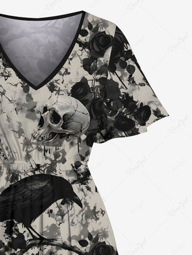 Gothic Plus Size Skull Crow Flower Branch Distressed Print Split Pocket A Line Midi Dress