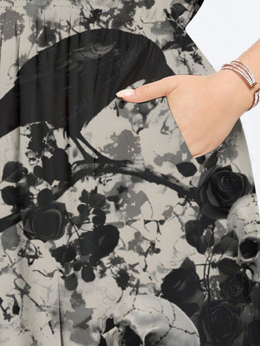 Gothic Plus Size Skull Crow Flower Branch Distressed Print Split Pocket A Line Midi Dress