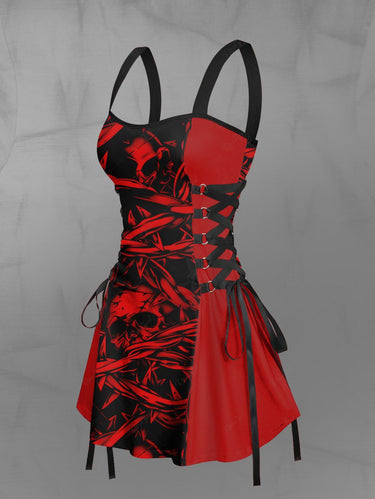 Gothic Skull Chain Print Lace Up A Line Tank Dress