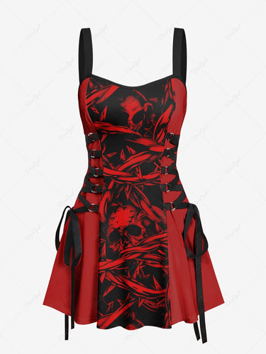 Gothic Skull Chain Print Lace Up A Line Tank Dress