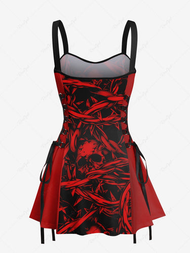 Gothic Skull Chain Print Lace Up A Line Tank Dress