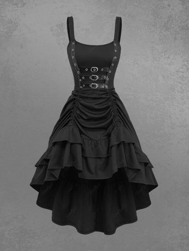 Gothic PU Strap Buckle Grommet Cinched Ruched Ruffles Layered High Low Asymmetric Dress