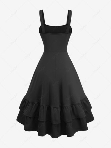 Gothic PU Strap Buckle Grommet Cinched Ruched Ruffles Layered High Low Asymmetric Dress