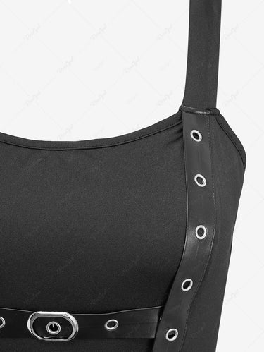 Gothic PU Strap Buckle Grommet Cinched Ruched Ruffles Layered High Low Asymmetric Dress