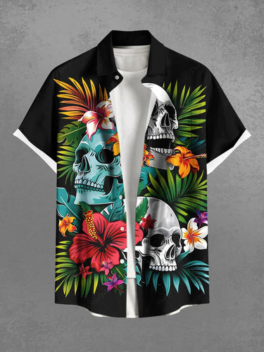 Gothic Plus Size Skull Hibiscus Flower Tropical Leaf Print Hawaii Button Pocket Shirt For Men