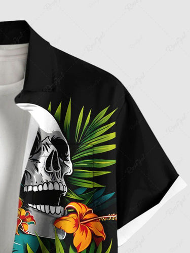Gothic Plus Size Skull Hibiscus Flower Tropical Leaf Print Hawaii Button Pocket Shirt For Men