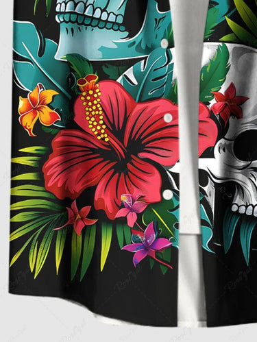Gothic Plus Size Skull Hibiscus Flower Tropical Leaf Print Hawaii Button Pocket Shirt For Men