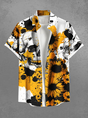 Gothic Plus Size Ink Painting Splatter Skull Sunflower Print Button Pocket Shirt For Men
