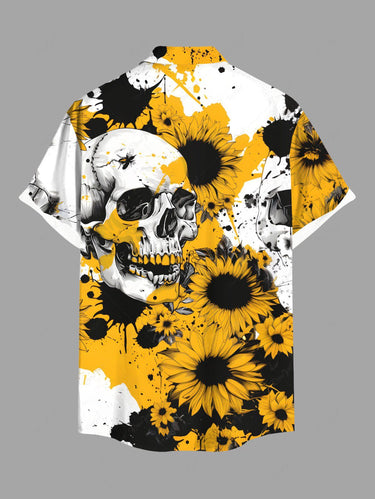Gothic Plus Size Ink Painting Splatter Skull Sunflower Print Button Pocket Shirt For Men