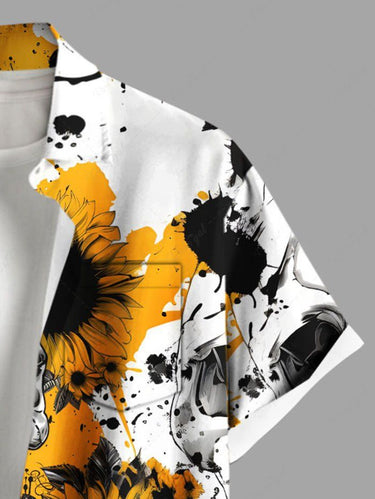 Gothic Plus Size Ink Painting Splatter Skull Sunflower Print Button Pocket Shirt For Men