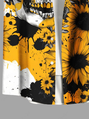 Gothic Plus Size Ink Painting Splatter Skull Sunflower Print Button Pocket Shirt For Men