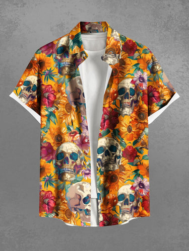 Gothic Plus Size Skull Flower Leaf Print Button Pocket Shirt For Men