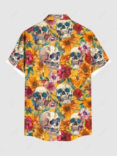Gothic Plus Size Skull Flower Leaf Print Button Pocket Shirt For Men