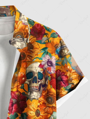Gothic Plus Size Skull Flower Leaf Print Button Pocket Shirt For Men