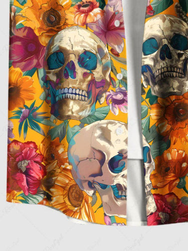 Gothic Plus Size Skull Flower Leaf Print Button Pocket Shirt For Men