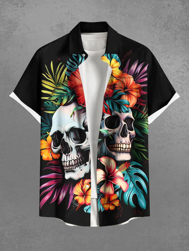 Gothic Plus Size Skull Hibiscus Flower Tropical Leaf Print Hawaii Button Pocket Shirt For Men